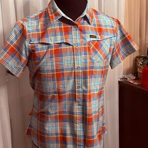 Women's Plaid Button Down Shirt in Orange and Blue